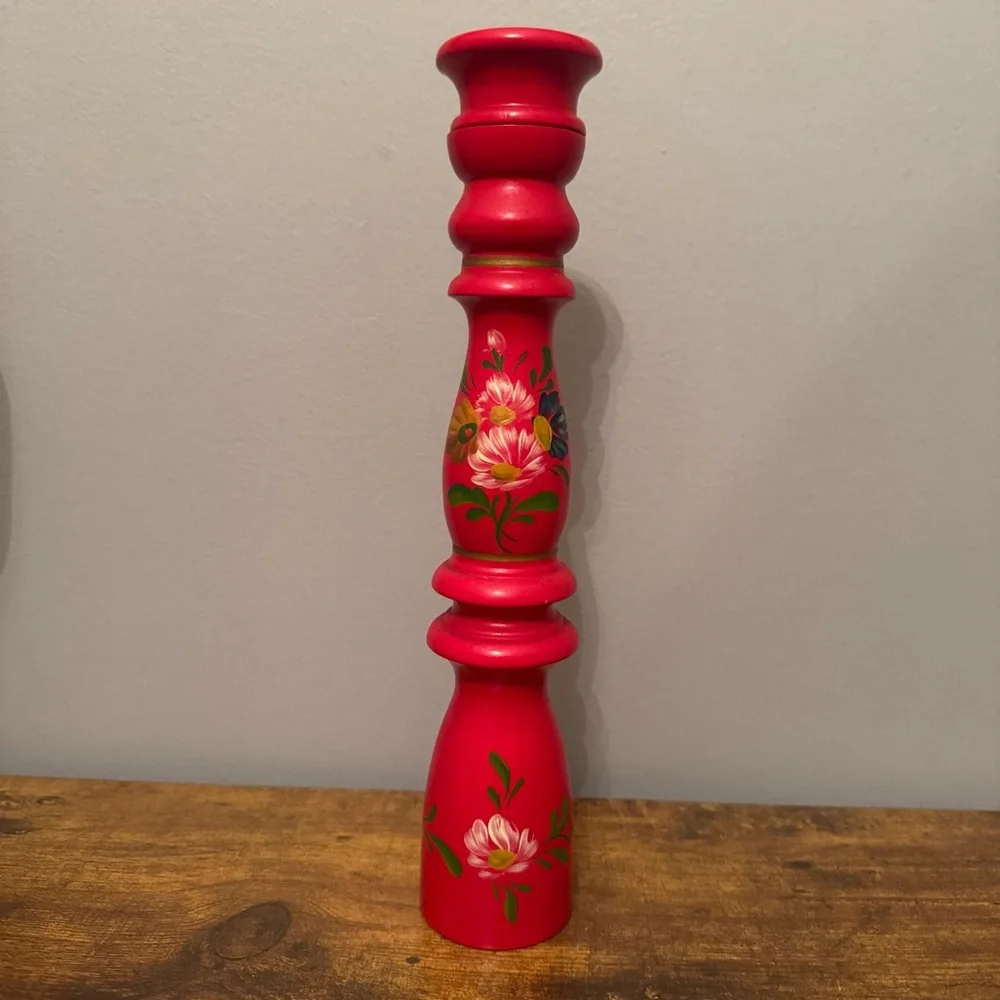 Vintage Tall Hand Painted Red Wooden‎ Pepper Mill Floral Folk Art Grinder